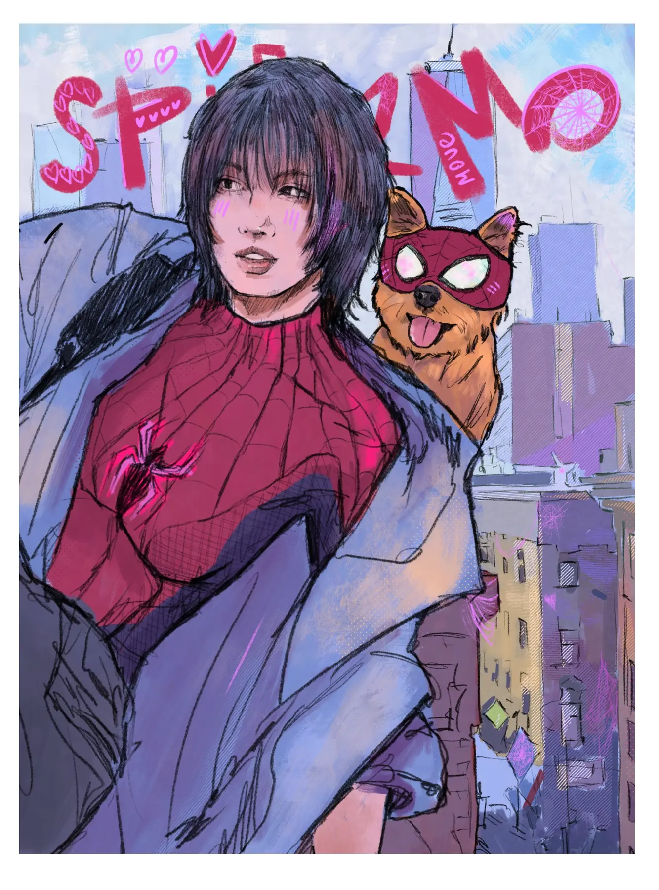 Momo and a Spider-Man-inspired dog, illustrated by Jenny